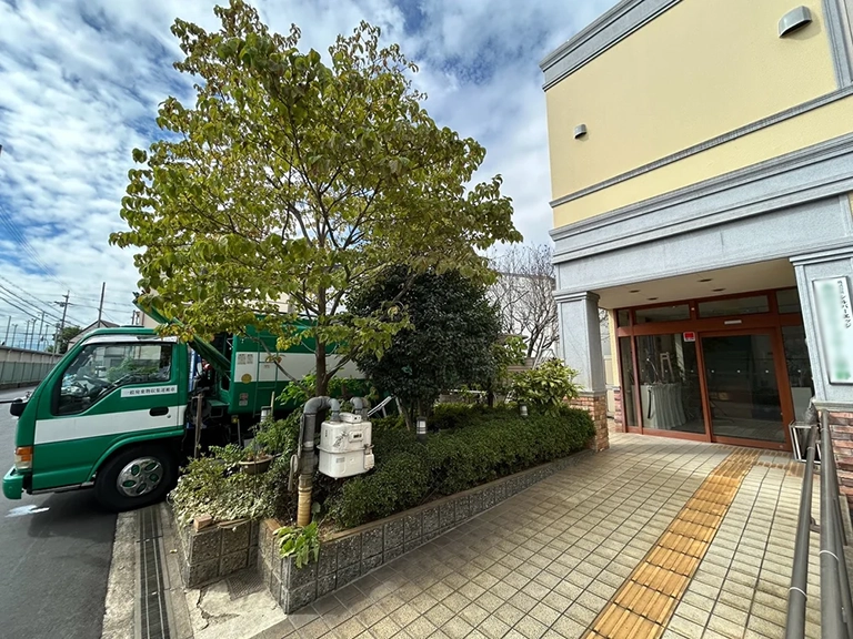 大阪府大阪市平野区　グループホーム施設　クビアカツヤカミキリの被害により枯れたサクラを伐採、他植物の剪定など